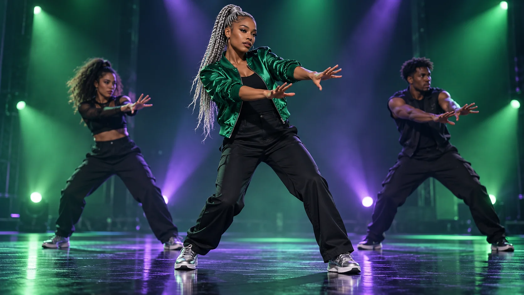 Una protagonista con giacca smeraldo esegue un passo scenico sotto luci verdi e viola.