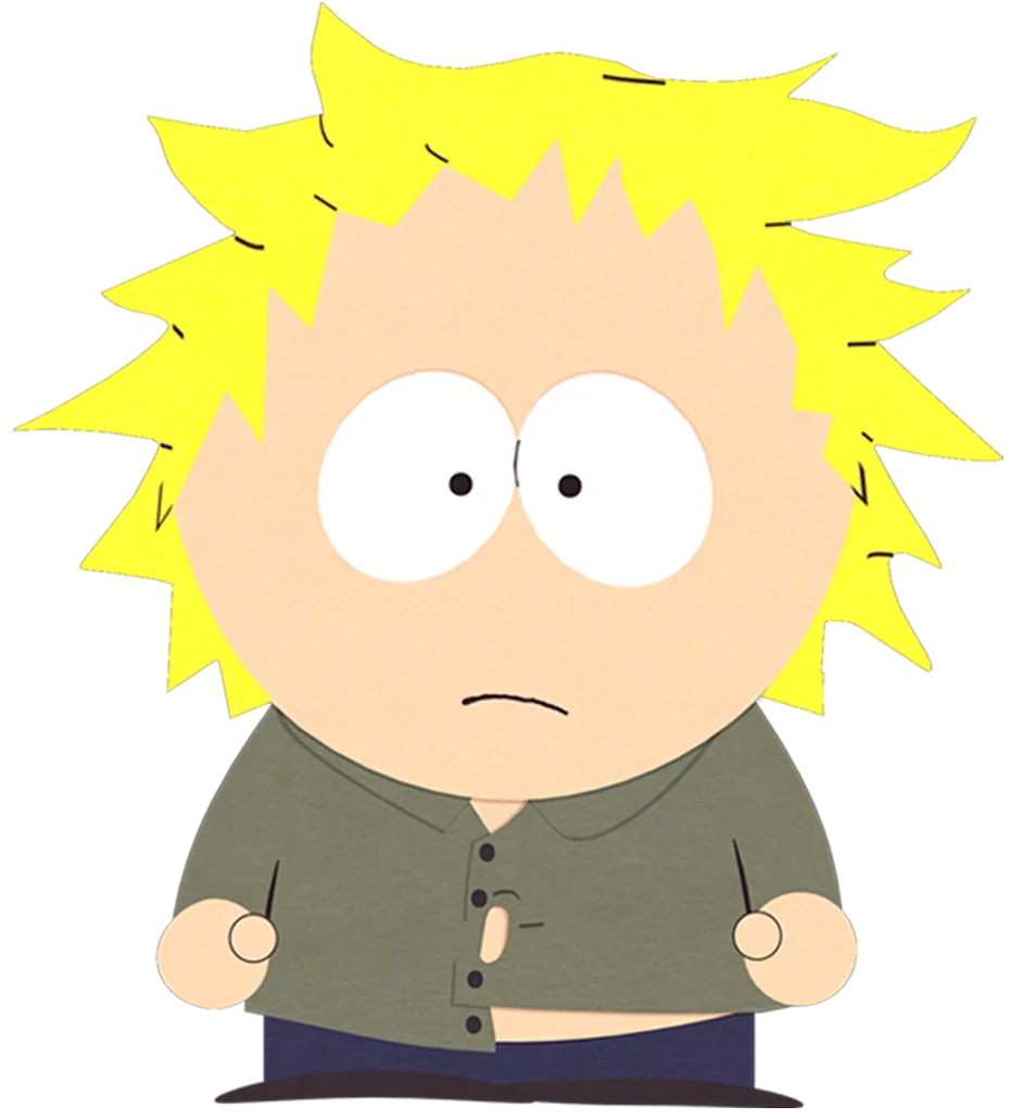 Tweek Tweak with outward-pointing blond hair and an olive shirt with an uneven closure
