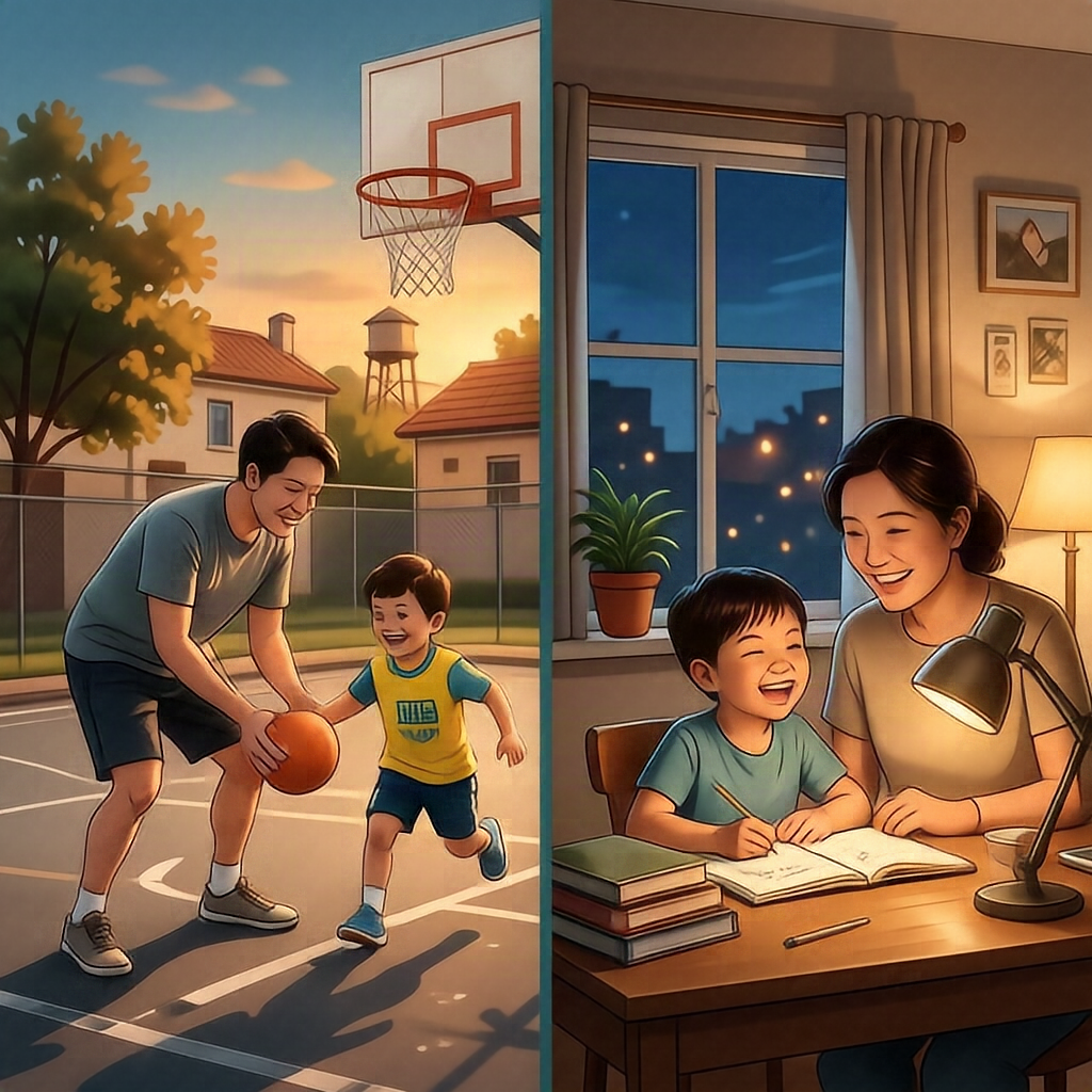 Illustrated family scenes in warm indoor and outdoor light